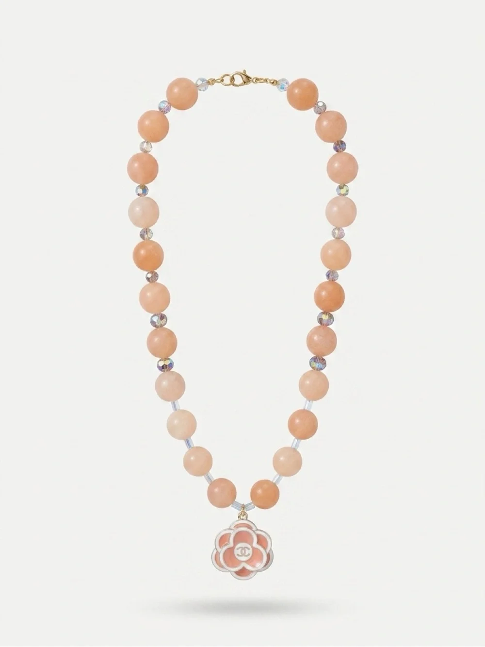 Peach Beaded Dog Necklace with Floral Charm